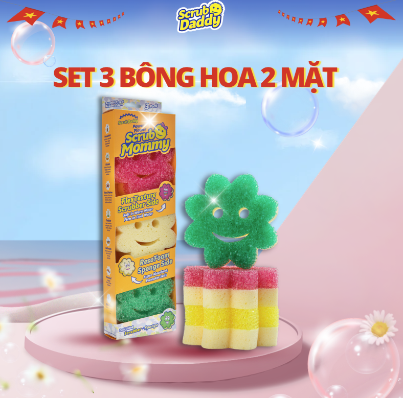 Set 3 miếng Bông Hoa Colors Scrub Mommy - 2 mặt đa năng - an toàn - chống mùi