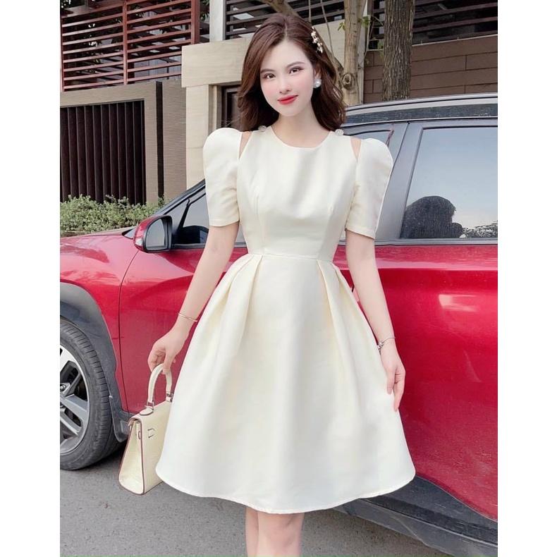 Đầm nữ dạ tiệc tay phồng xẻ vai kết cườm dáng xòe màu sắc trẻ trung, thanh lịch