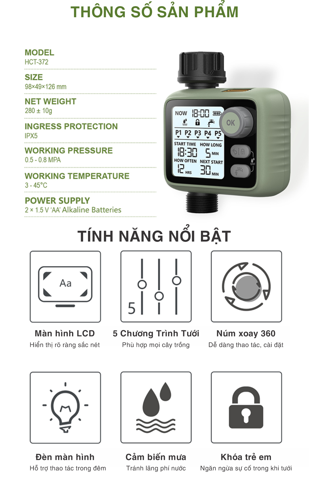 Bộ hẹn giờ tưới cây tự động HCT-372. 5 Chương trình tưới/ngày. Chính xác từng giây - Bền bỉ - Cảm biến mưa - Khóa trẻ em