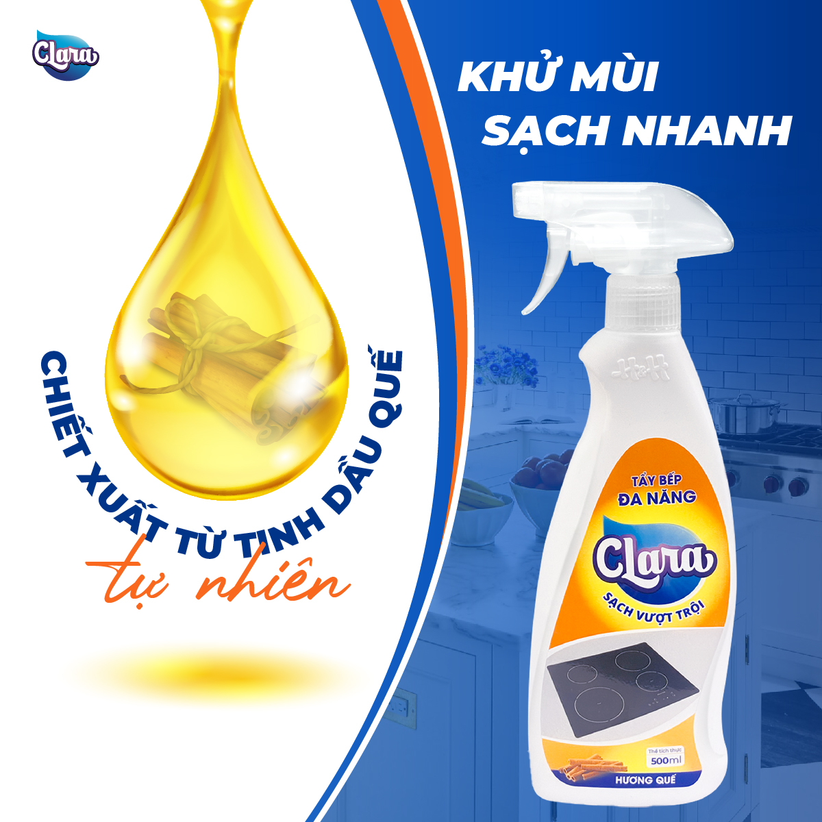 Tẩy dầu mỡ nhà bếp đa năng Clara hương gừng quế chai 500ml