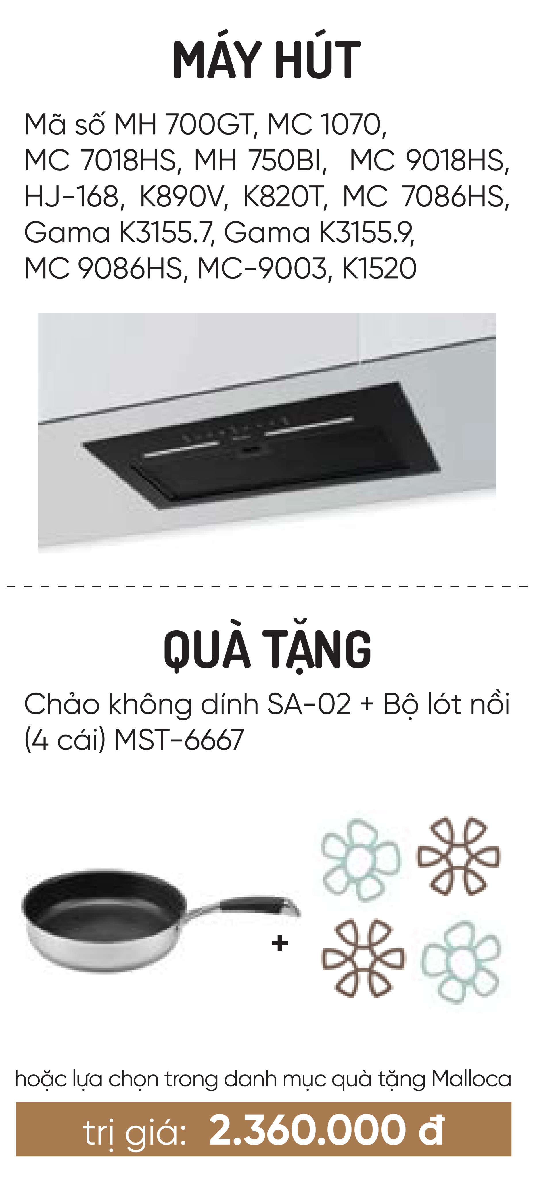 Máy hút khử mùi áp tường MC 1070 - Tặng Chảo không dính SA-02 + Bộ lót nồi (4 cái) MST-6667 - Hàng chính hãng