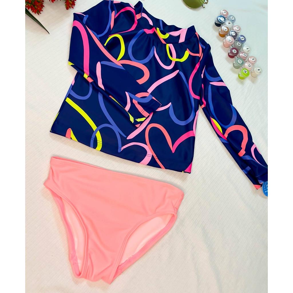 18M-12T Bikini đồ bơi đi biển 2 mảnh xanh navy trái tim có lót cho bé gái dài tay cổ tròn quần tam giác chống nắng