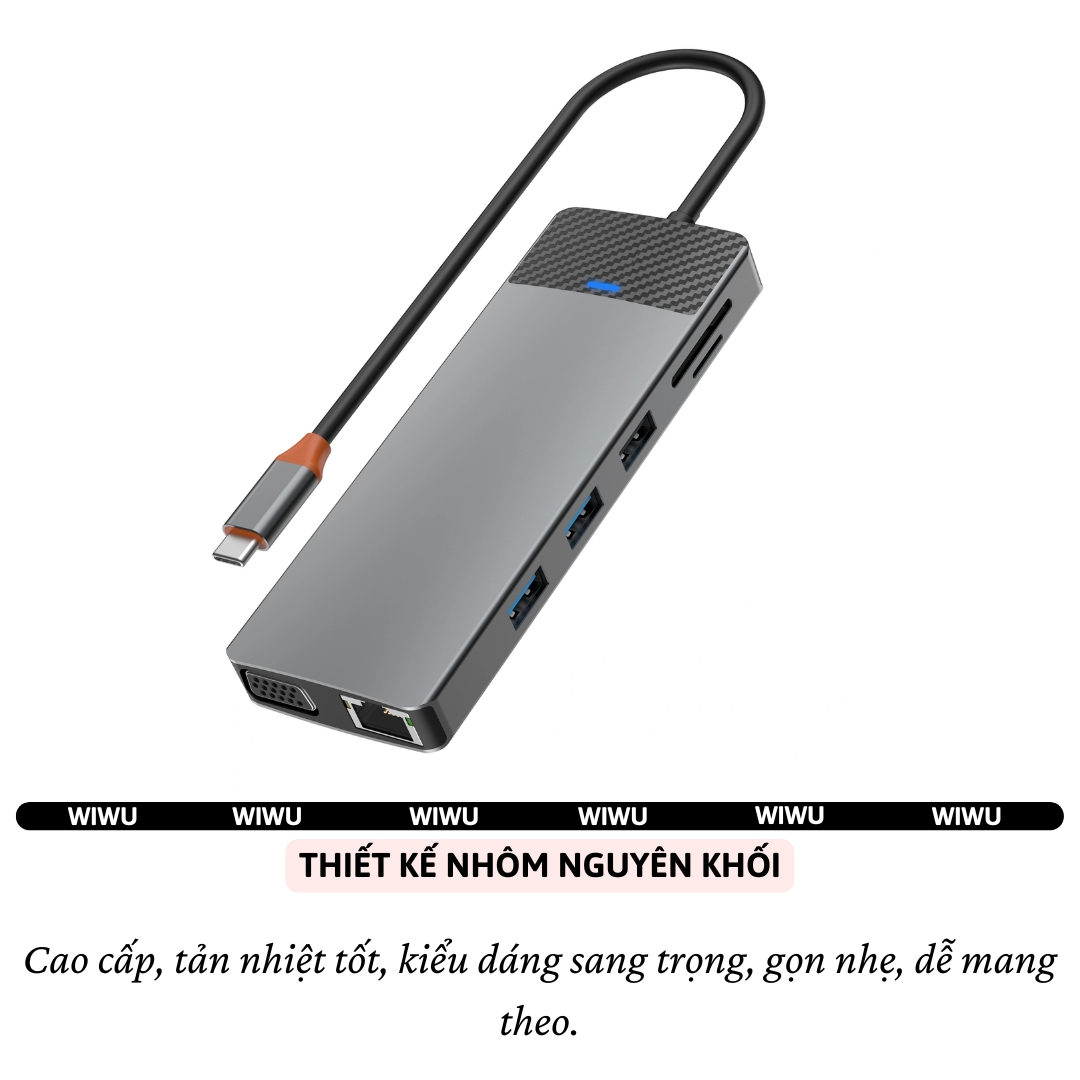 Hub chuyển đổi chia cổng USB-C 12in1 sạc nhanh 100W trang bị USB 3.0 +PD Type-C + Micro SD, SD + HDMI 4K@60Hz, LAN RJ45, VGA hiệu WIWU Linker 12in1 cho Macbook Laptop cho iPhone - Hợp kim nhôm, vừa sạc vừa xuất màn hình và truyền dữ liệu - Hàng nhập khẩu