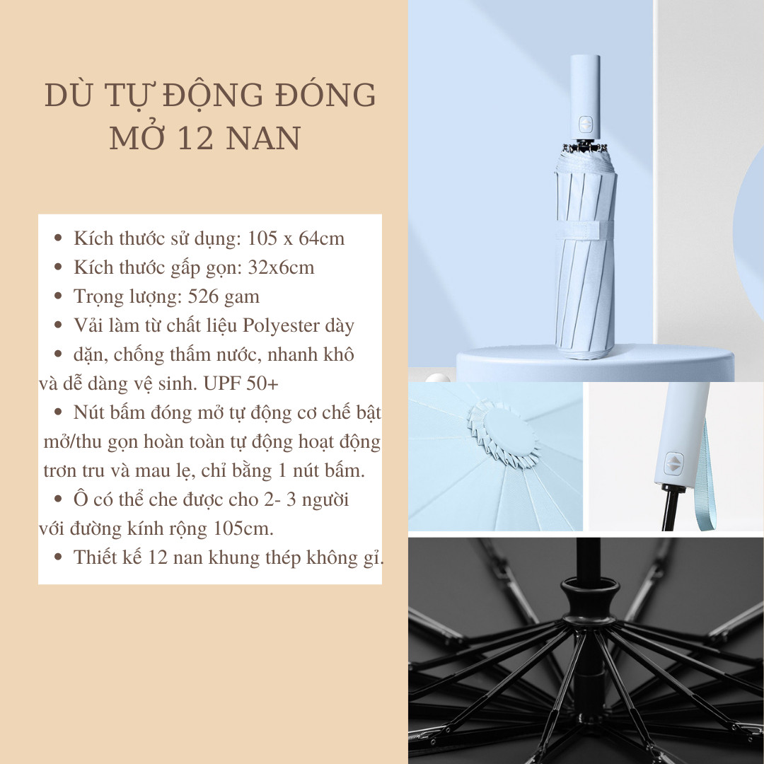 Ô Dù 12 Nan Tự Động Đóng Mở Tiện Lợi Chống Tia UV