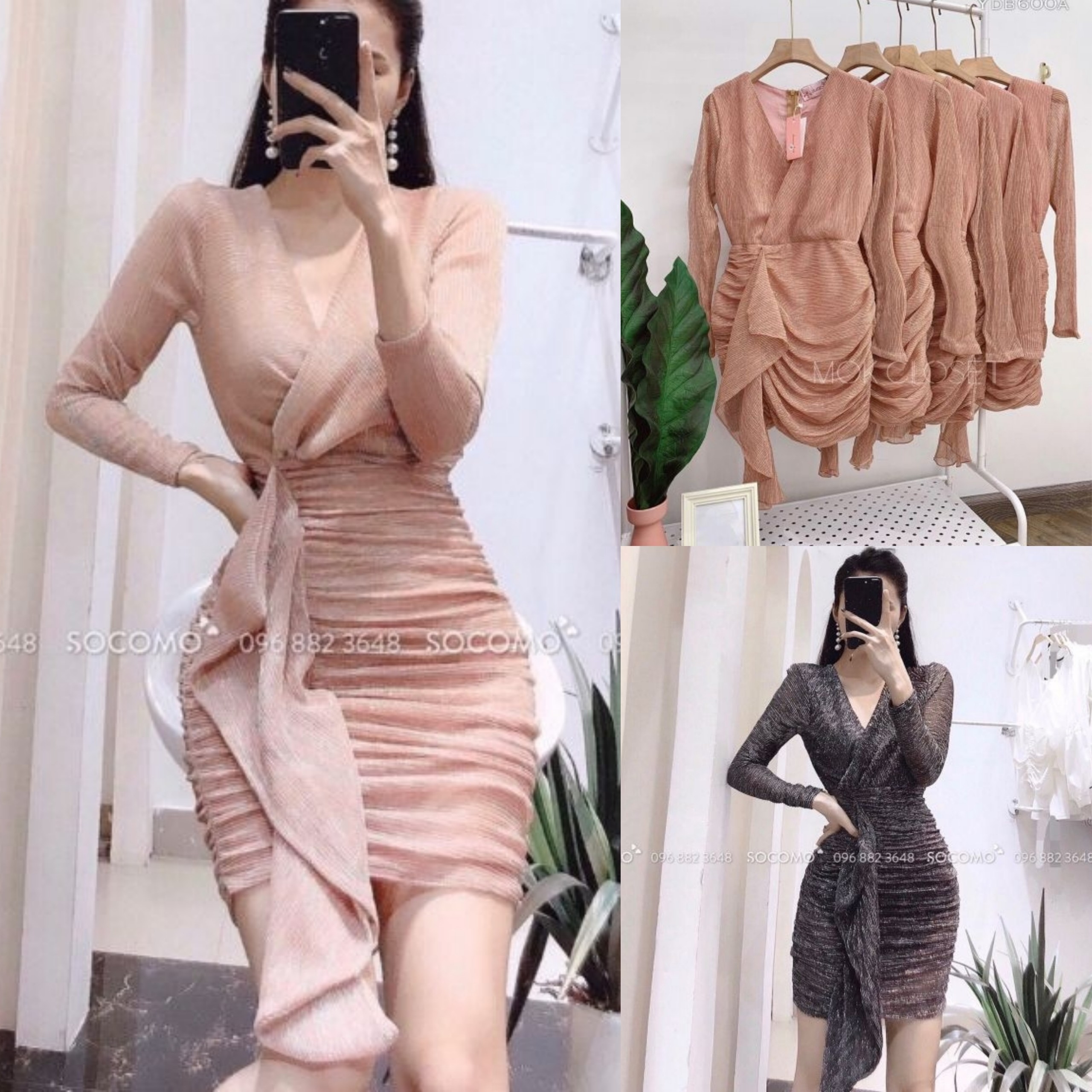 Đầm Body Kim Tuyến cổ V đắp chéo eo phối bèo Hàng Thiết Kế