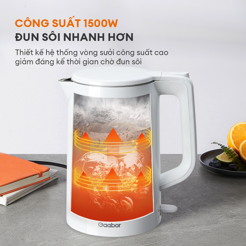 Bình đun nước siêu tốc 2L công suất 1500W cao cấp  EK20M-WH01A thương hiệu Gaabor - Hàng chính hãng