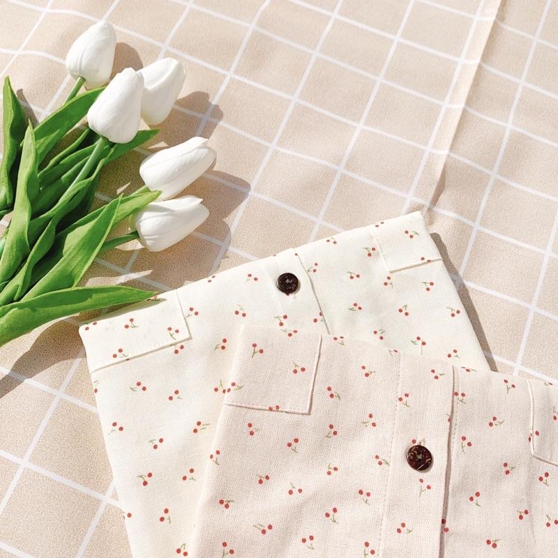 AIMEE_ÁO SƠMI LINEN HOẠ TIẾT CHERRY KEM-HỒNG
