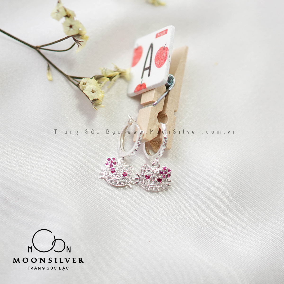 Khuyên tai bạc mèo kitty cho bé gái, bông tai bạc Moonsilver