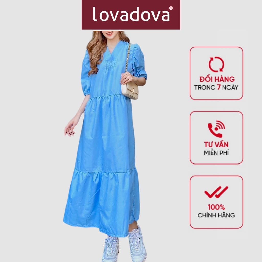 Đầm Dáng Suông, Dài Tay, Cách Điệu Xếp Ly, Màu Xanh Dương - Lovadova 21D02C003