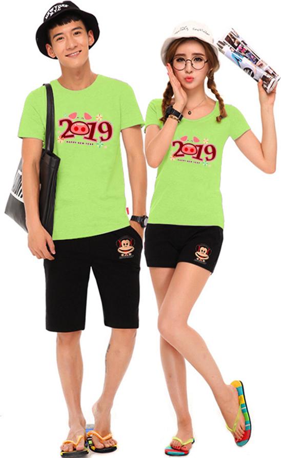 Bộ Áo Thun Đôi Nam Nữ Ủn Ỉn 2019 Màu Xanh Chuối - L - S