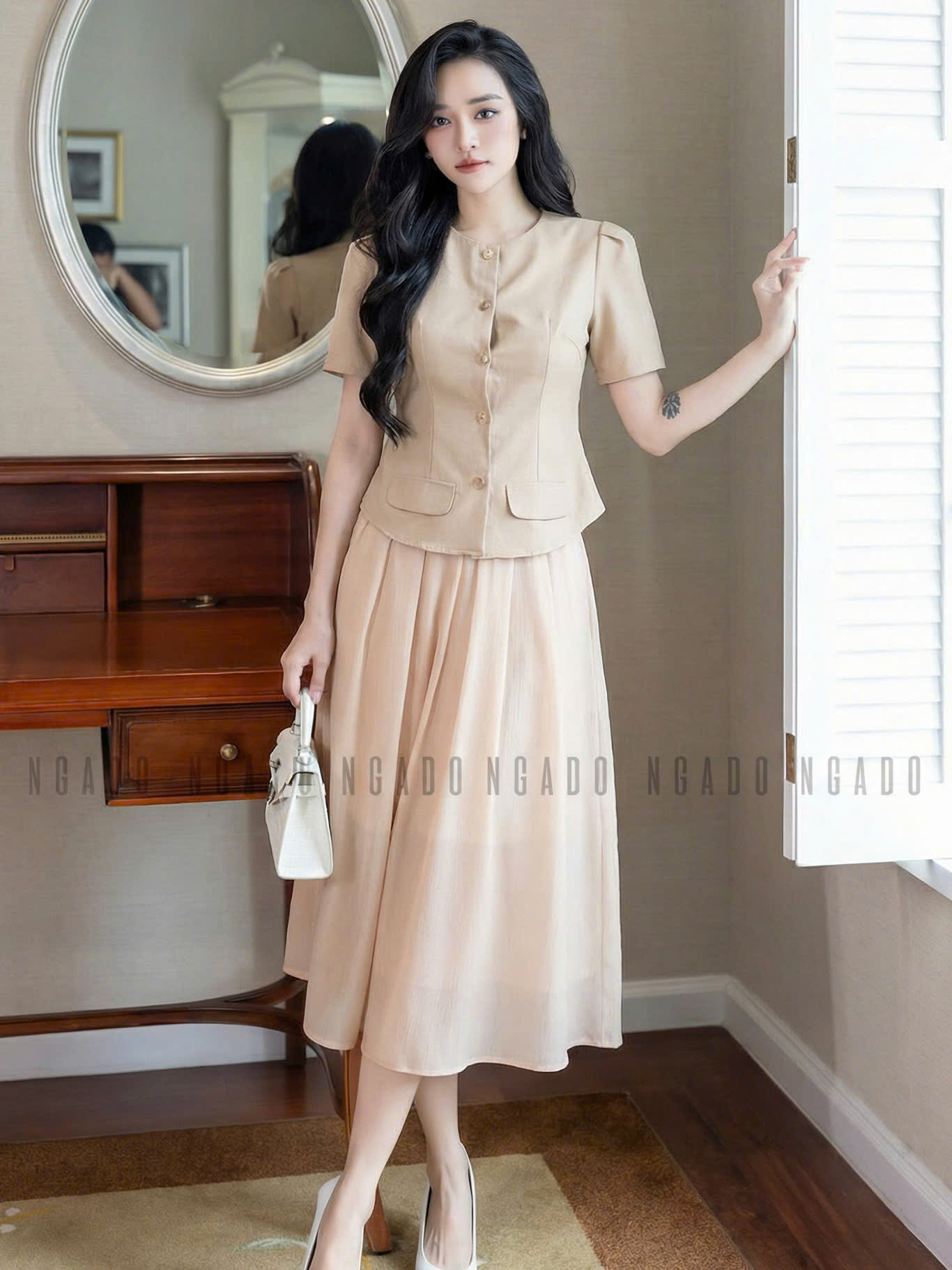Set áo nâu chân váy voan tơ NGADO , set áo váy Nữ , set công sở , dự tiệc