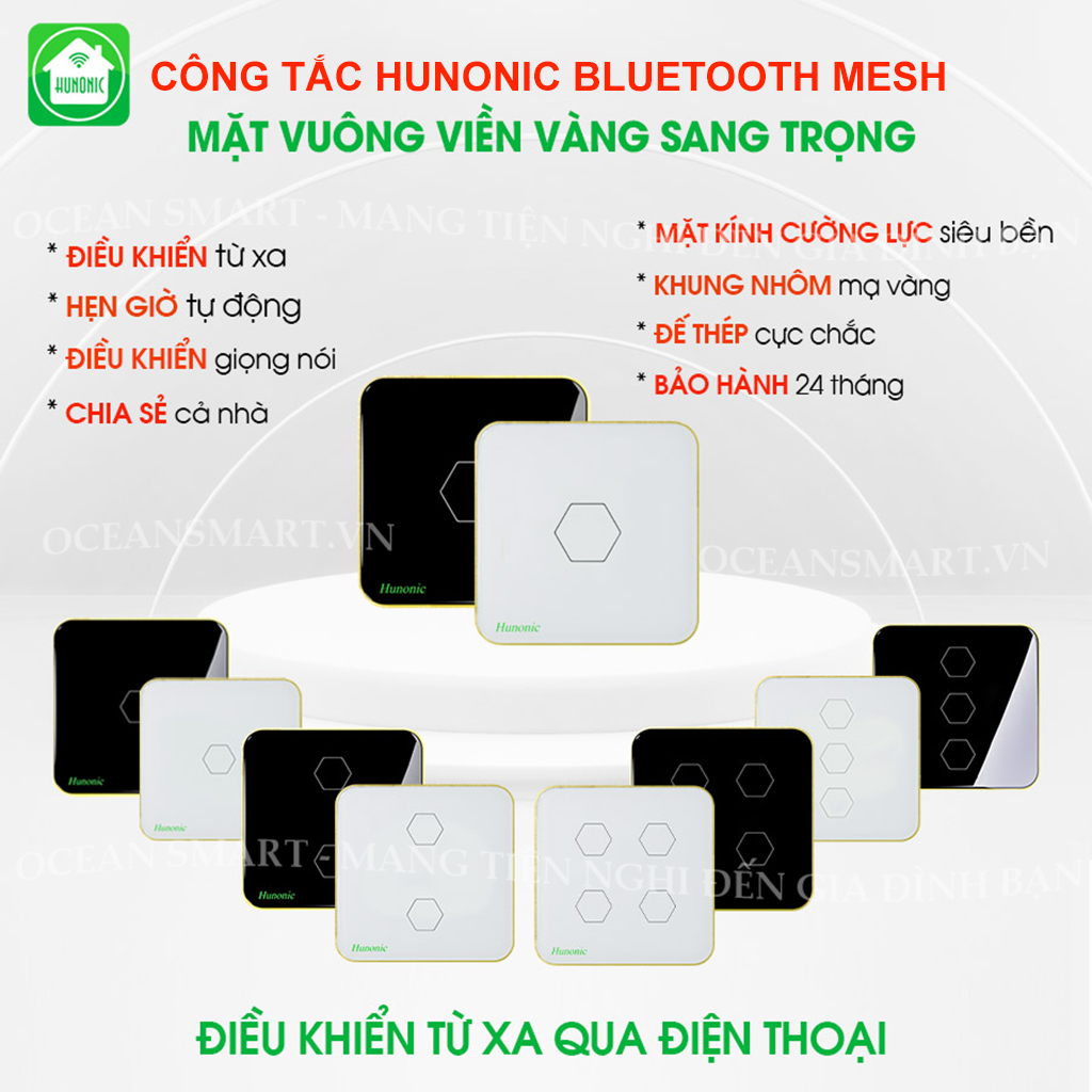 Công Tắc Cảm Ứng Thông Minh HUNONIC Luxury, Công Tắc Điều Khiển Từ Xa Bằng Điện Thoại Hình Vuông - HNLUXV