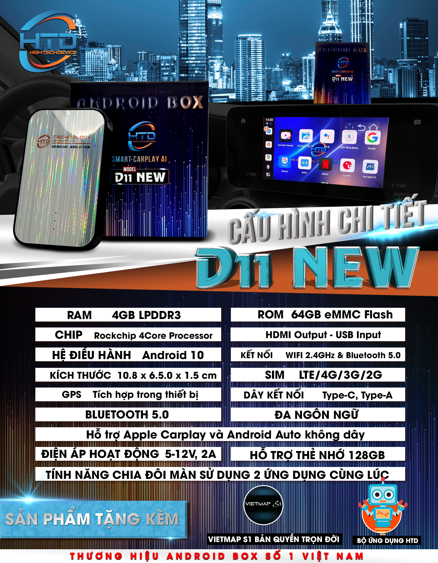 HTD Smart Carplay Android AI Ô Tô D11 New