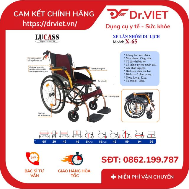 Xe lăn nhôm du lịch Lucass X-65 [Chính hãng] - Tiện lợi, nhỏ gọn, dễ mang theo đi du lịch dành cho người già, người khuyết tật