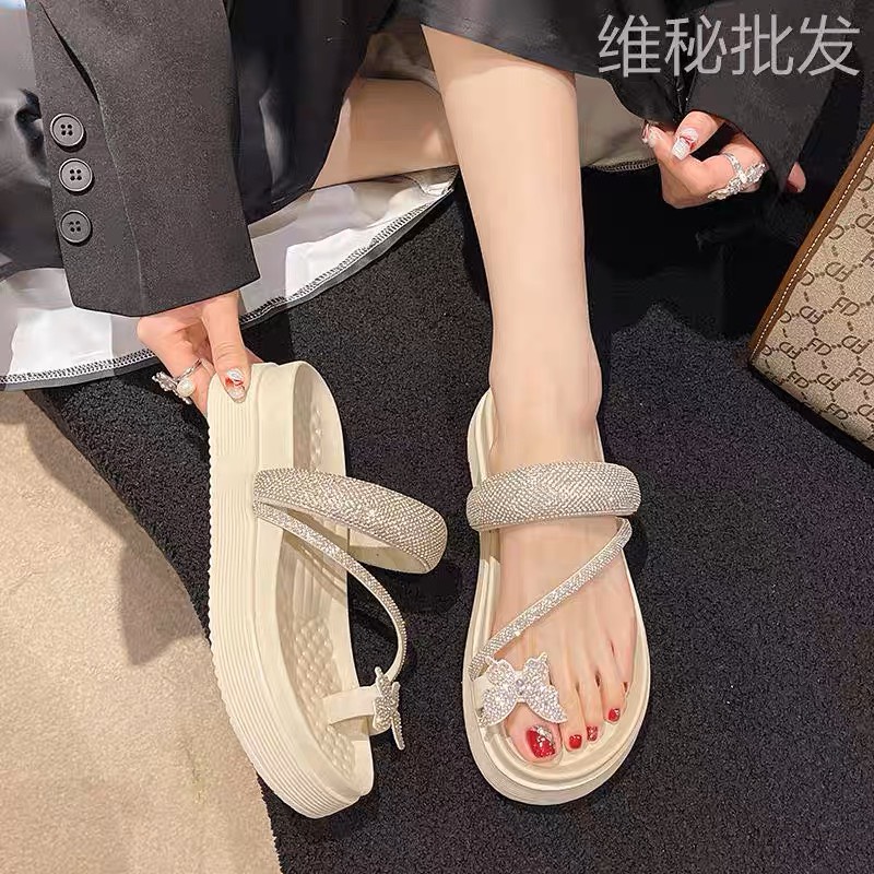 Sandal nữ xỏ ngón dây đính đá gắn nơ Bướm cao 5cm D128