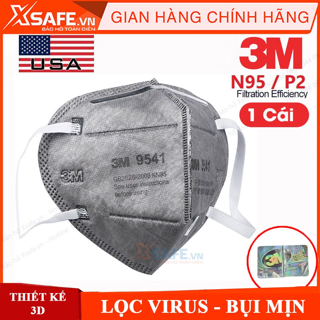 Khẩu trang N95 3M 9541 tiêu chuẩn KN95 (tương đương N95) - Khẩu trang hoạt tính 3D 5 lớp, chống virus, bụi mịn, phòng dịch, chính hãng 3M