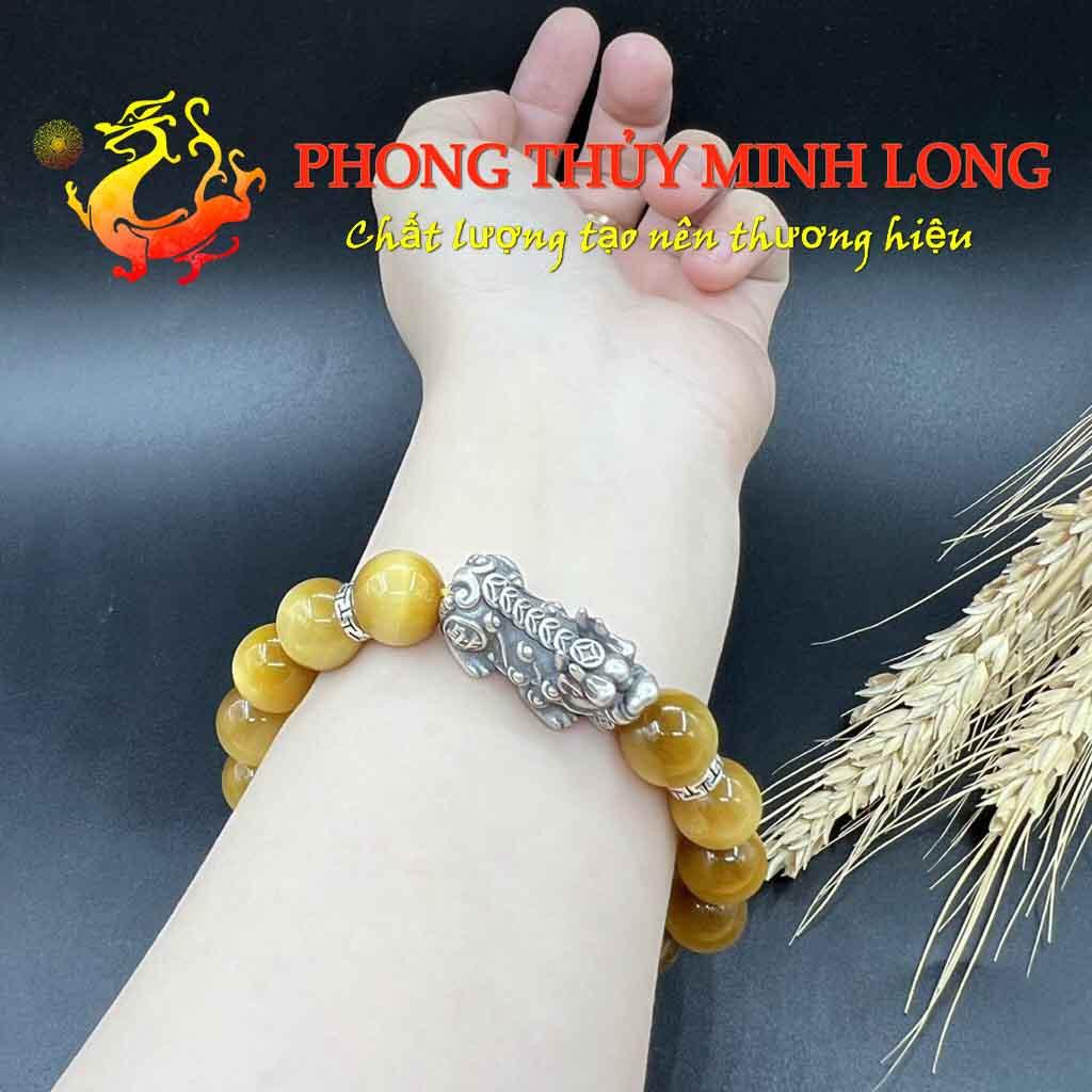 Vòng đá mắt hổ Vàng Tâm chất lượng 5A mix Tỳ Hưu bạc Thái hợp mệnh Thổ và Kim