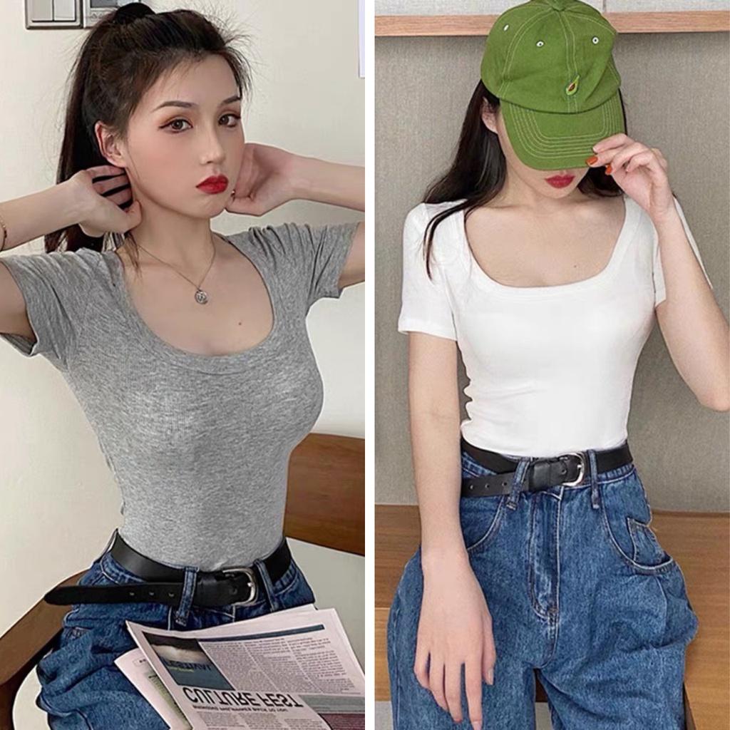 Áo thun cổ U tôn dáng / áo ngắn tay ôm bozip siêu hot