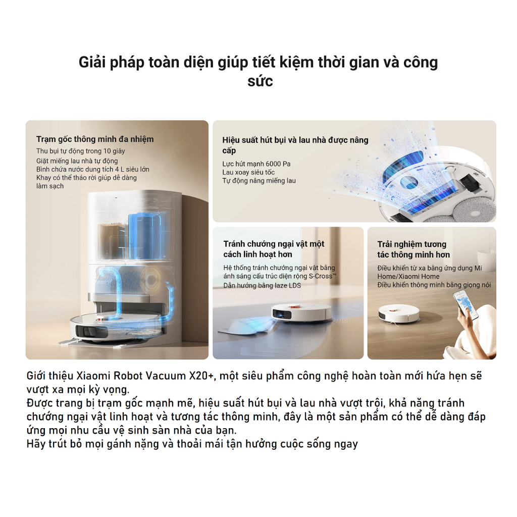 Robot Hút Bụi Lau Nhà Xiaomi Vacuum X20 Plus - Kết Nối App Tự Giặt Giấy Giẻ Gom Rác Tự Động Bản Đồ 3D Lưu 4 Bản Đồ Lực Hút 6000Pa - Hàng Chính Hãng