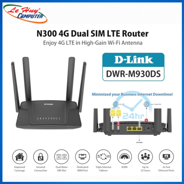 Bộ Phát Wifi D-Link 4G LTE Dual-Sim DWR-M930DS (300 Mbps/ Wifi 4/ 2.4 GHz) - Hàng Chính Hãng