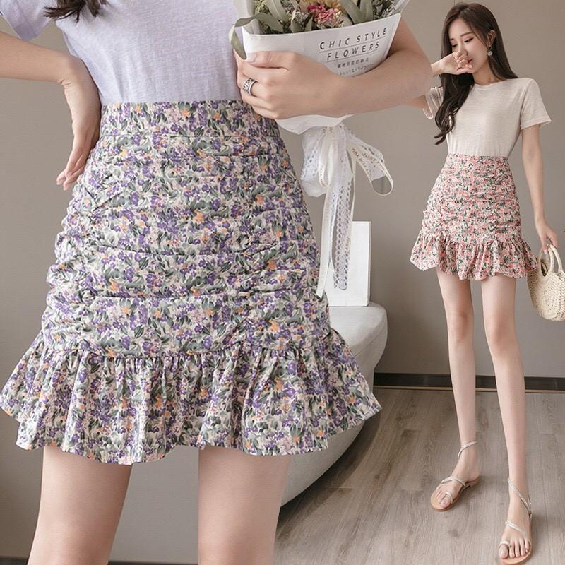 Chân váy hoa nhí Chân Váy Nữ Hoa Nhí Nhúm Vạt Bèo Váy Nữ Hoa Cạp Cap 3 Màu, chân váy ngắn nữ hình hoa nhỏ xinh xắnnnn