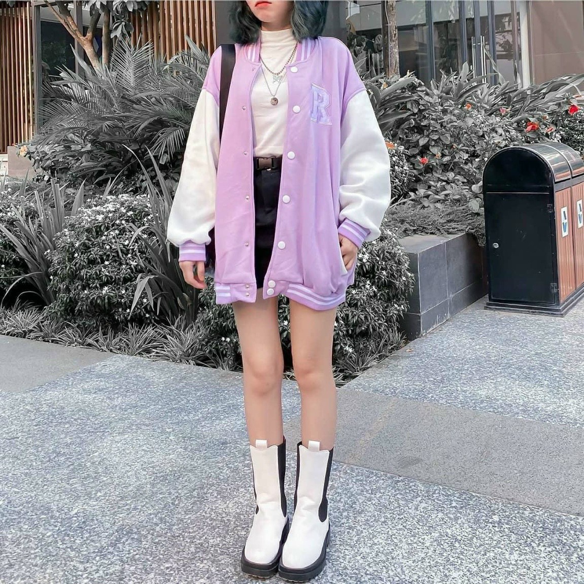 Áo khoác cardigan xanh chữ R phối tay trắng unisex, Áo Khoác Bomber Jemcloset Tay Dài Form Rộng Ulzzang, Áo khoác cardigan nữ , áo khoác cardigan nam , áo khác cặp đôi vải nỉ ngoại chống nắng chống lạnh tốt