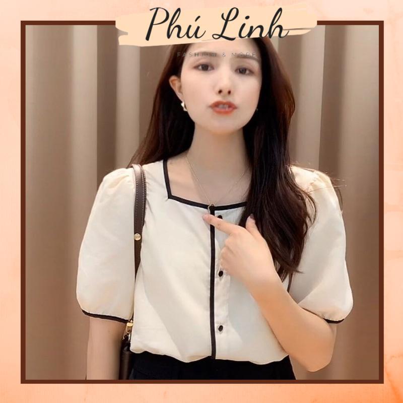 MS648 Áo sơ mi, áo kiểu nữ cổ vuông tay bồng vintage