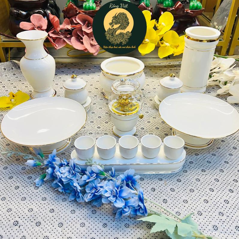 Bộ đồ thờ thần tài RỒNG VIỆT, Bộ đồ sứ men đá trắng cao cấp, sang trọng