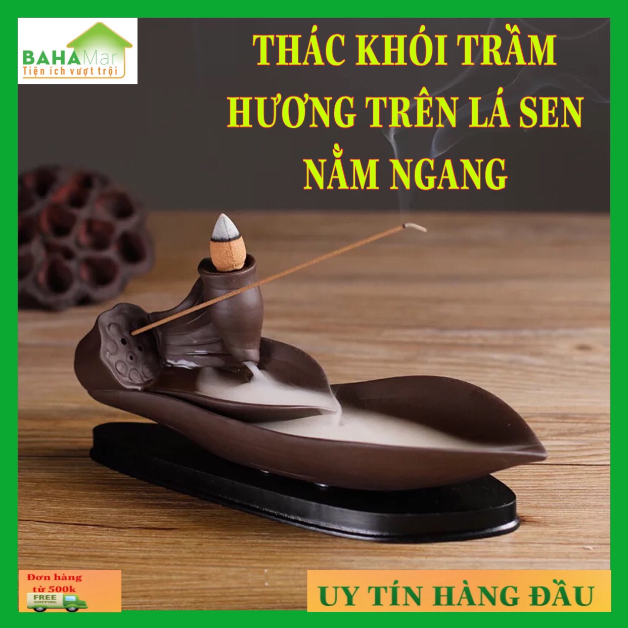 THÁC KHÓI TRẦM HƯƠNG TRÊN LÁ SEN NẰM NGANG phong cách điêu khắc, thú vị và hấp dẫn. thiết kế chảy dài đổ khói hơi nước tạo nên sự bí ẩn khí quyển.