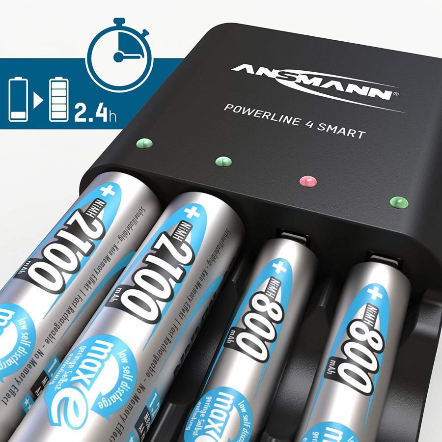 Combo Bộ sạc ANSMANN POWERLINE 4 Smart kèm 4 pin AA-2100mAh - Hàng Nhập Khẩu