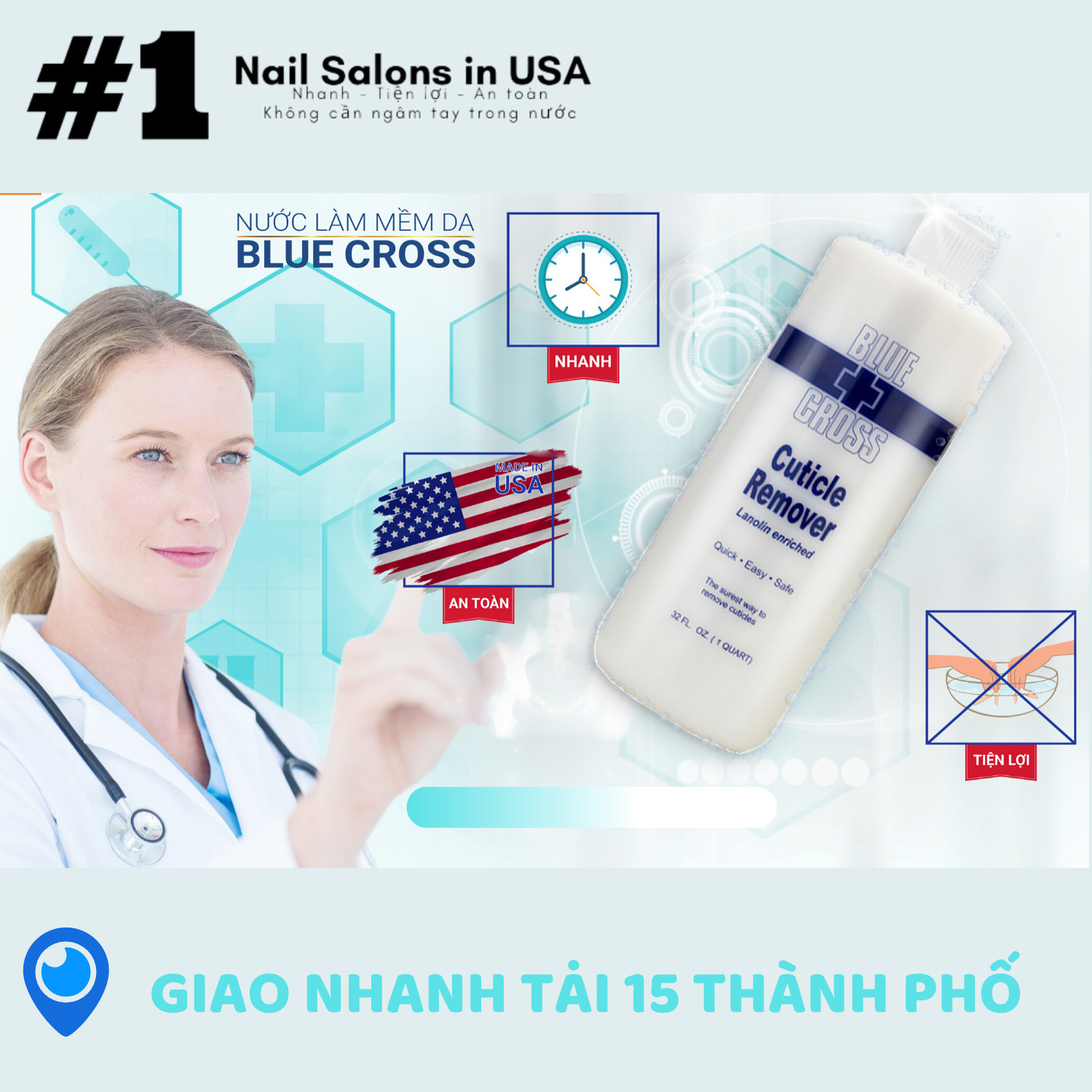 Nước mềm da nail hiệu Blue Cross nhập khẩu từ Mỹ, không cần ngâm nước, dung tích 946ml