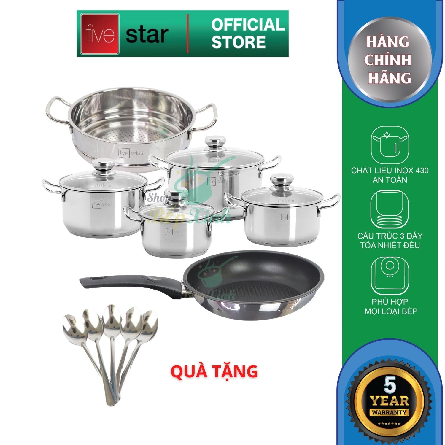 Bộ nồi chảo 3 đáy inox 430 cao cấp FiveStar Standard 6 món bếp từ nắp kính tặng 5 muỗng inox