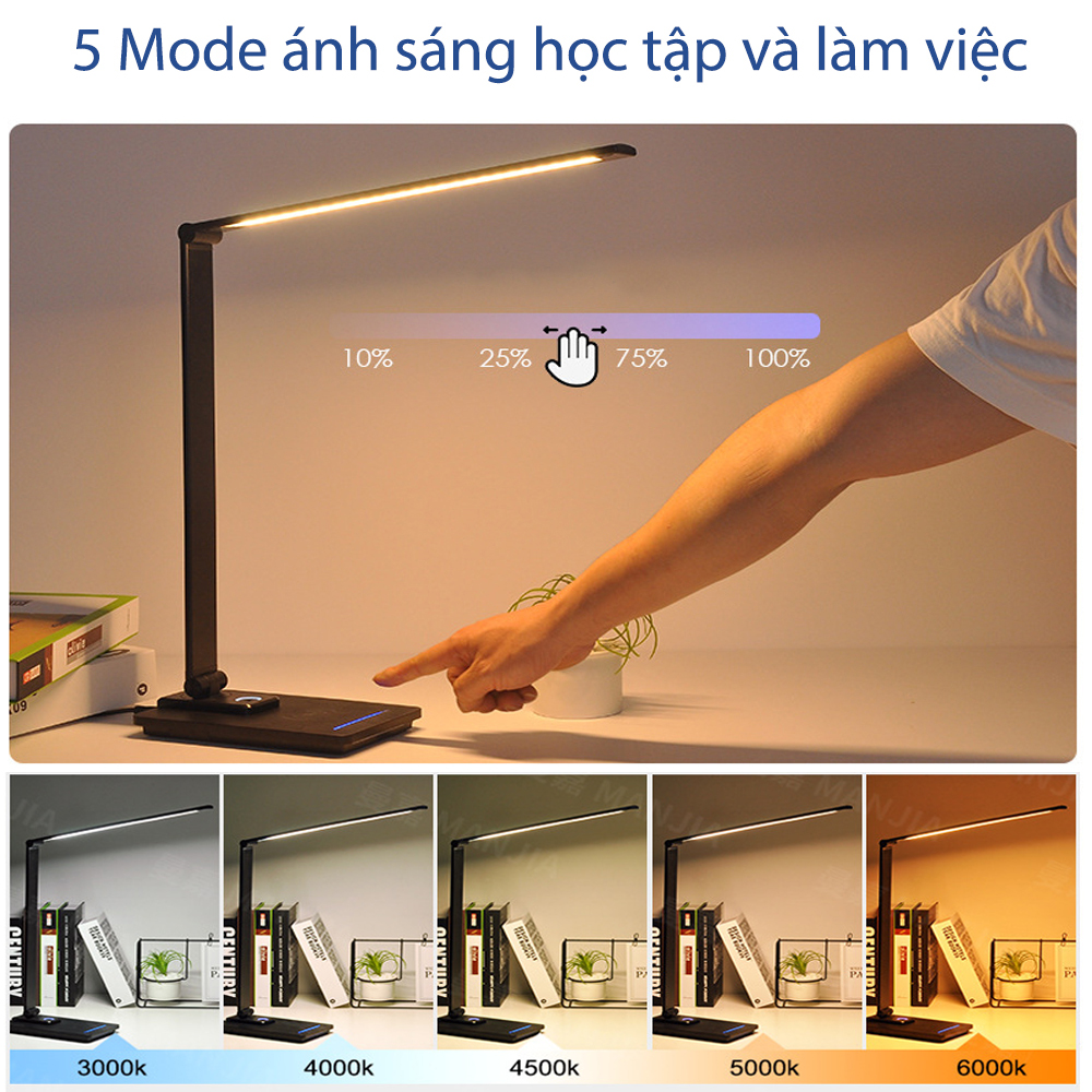 Đèn bàn học và làm việc Led 10W, Tích hợp sạc điện thoại không dây, 5 Chế độ ánh sáng