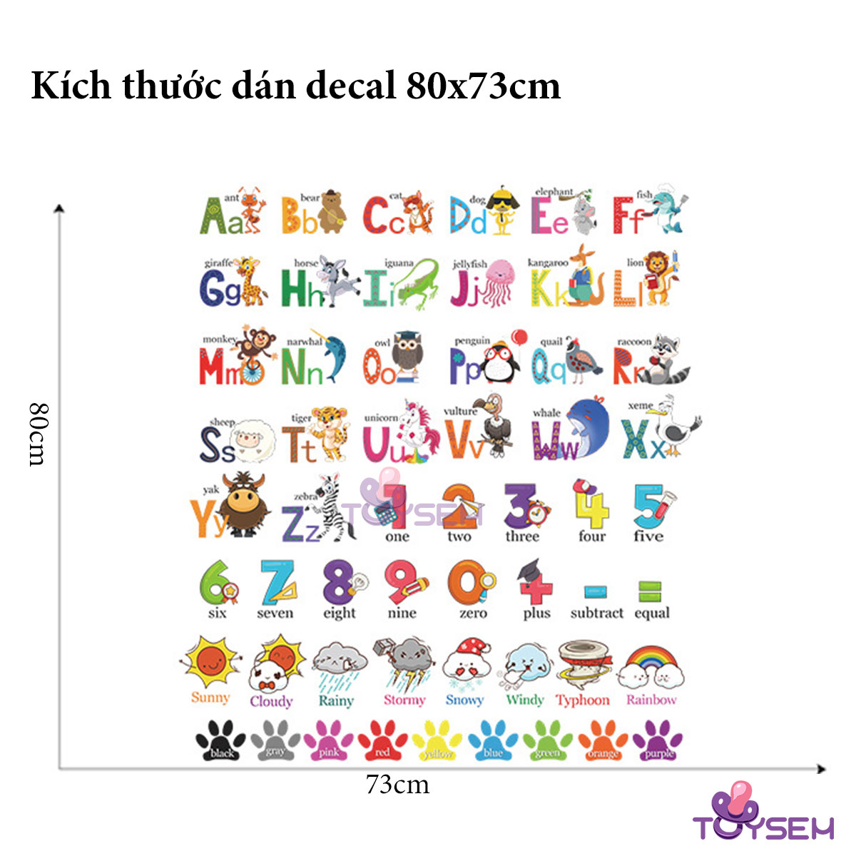 Decal dán tường 26 chữ cái và số 30x24cm họa tiết các con vật hoạt hình dễ thương