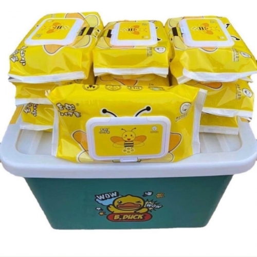 Thùng 10 gói khăn giấy ướt vịt vàng(sẵn hàng) + tặng kèm thùng nhựa tiện dụng siêu đán