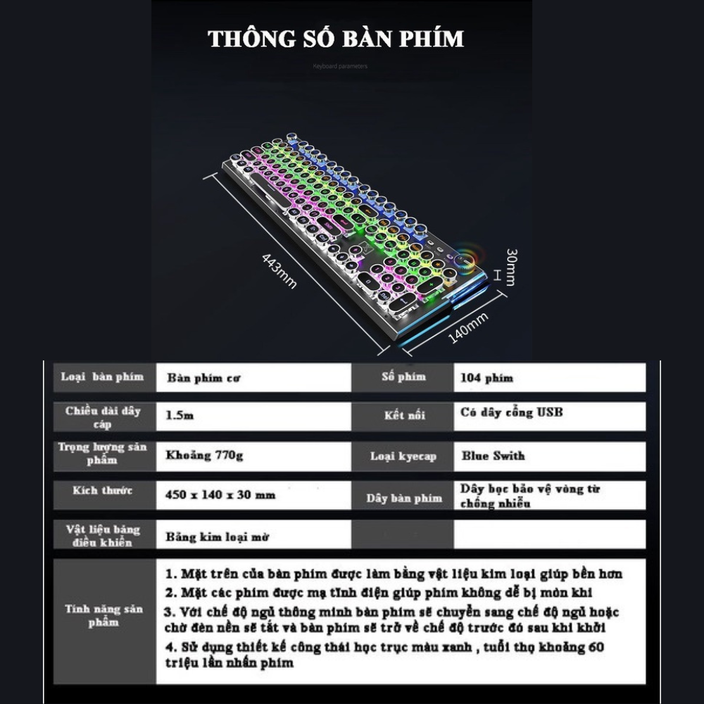 Bàn phím cơ Blue switch Ximeng K901, Bàn phím gaming chính hãng led RGB Phím tròn mạ bạc cá tính