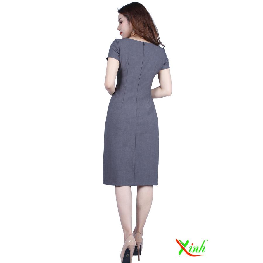 Đầm Suông Xám Tiêu Phối Nút Sang Trọng DL508