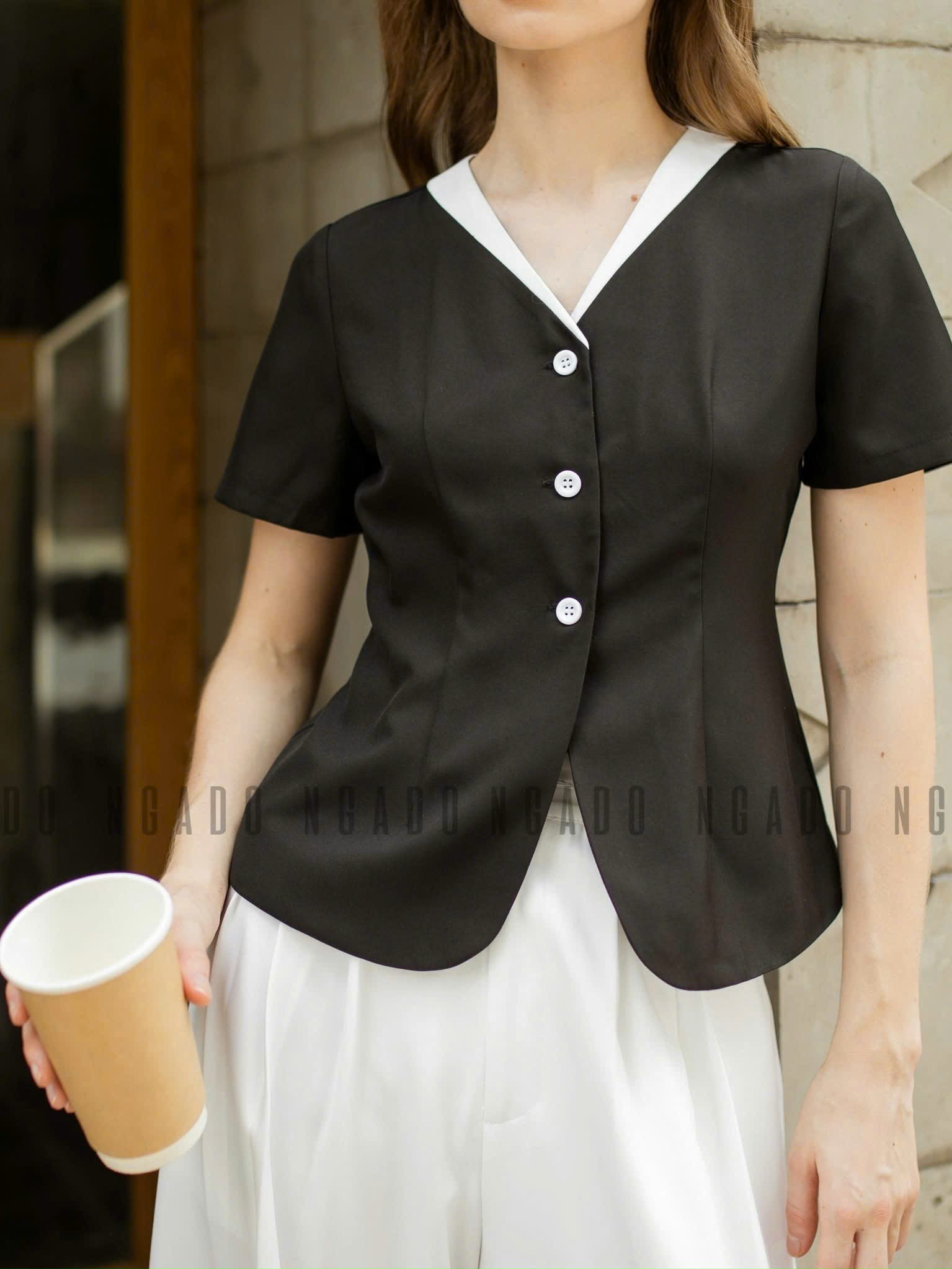 Set áo quần đen cổ viền trắng NGADO , set áo quần dài