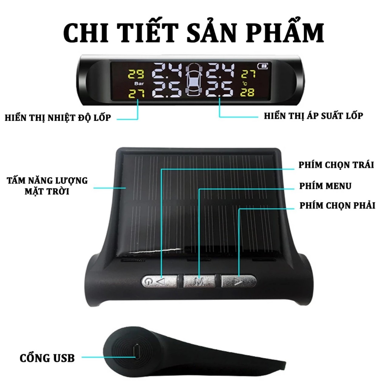 Cảm biến áp suất lốp ô tô không dây mẫu mới , pin sạc năng lượng mặt trời màn hình LCD lắp các xe