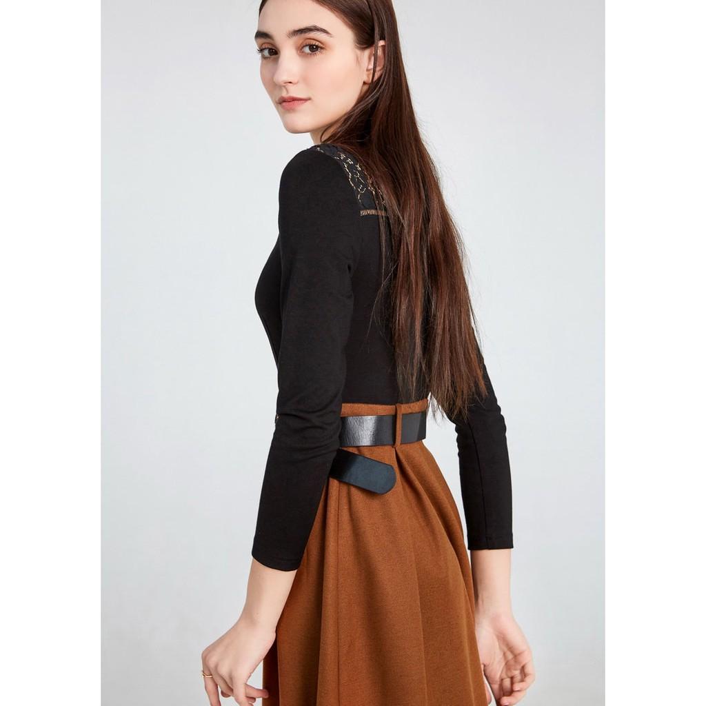 Đầm xòe mùa thu cổ ren kèm belt, chất liệu thun cotton kết hợp nhung dày dặn, hàng nhập Quảng Châu