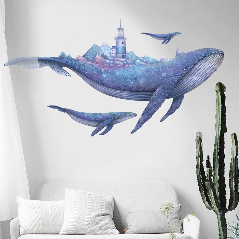 Sticker Giấy Dán Tường Decal Dán tường Tranh Dán Tường Trang Trí Tường Mẫu Cá Voi Xanh có ngọn Hải Đăng ZH-1011
