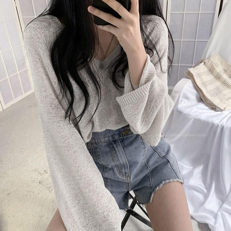 Áo Dệt Kim Mỏng Dáng Rộng Tay Dài 3 Màu Trơn Tùy Chọn Cho Nữ