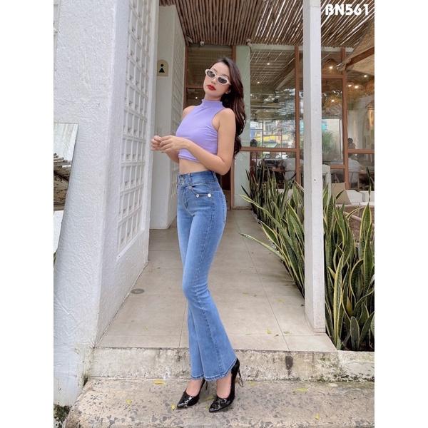 Quần Jeans Nữ Ống Loe Dài Viền Nút Túi Co Giãn Thờ Trang