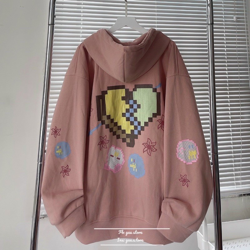 Áo khoác zip nỉ lót bông form rộng EATILEXD unisex màu hồng , áo khoác nỉ hoodie dây kéo in ngôi sao full áo, Áo Khoác nỉ EATILEXD , áo khoác nam nữ màu hồng