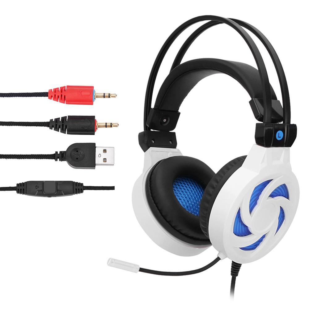 Tai nghe chơi game âm thanh nổi 3,5 mm Siêu trầm trên tai Tai nghe Đèn LED màu xanh lam có Mic cho Máy tính xách tay PC Màu trắng