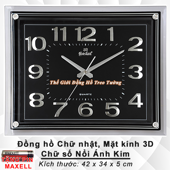 Đồng Hồ Treo Tường KIM TRÔI EASTAR Chữ Nhật Mặt Đen – Mặt Kính 3D – Bộ Số Nổi Ánh Kim Bạc – Kèm Pin Maxell