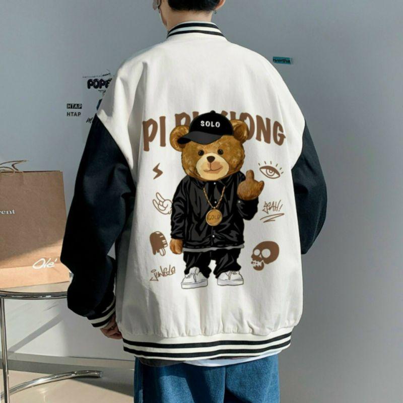 Áo khoác bomber form rộng nút bấm lưng in hình gấu teddy trẻ trung năng động genz