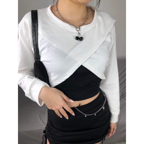 Set áo croptop tay dài kiểu xẻ kèm áo 2s trong