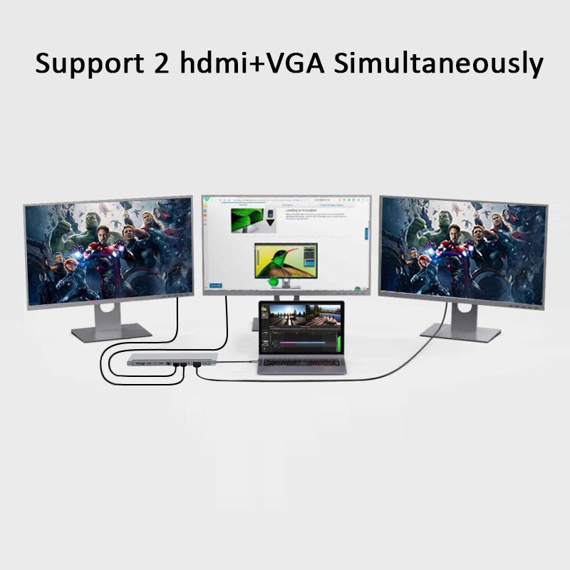 Đế Sạc 12 Trong 1 Cổng Type-C HDMI * 2 VGA Audio TF / SD Ethernet PD USB-C HUB Cho Laptop Macbook pro