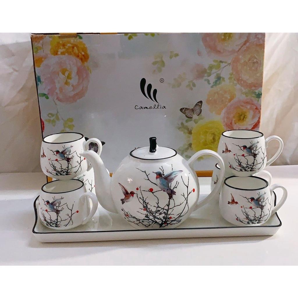 BỘ ẤM CHÉN PHA TRÀ KÈM KHAY SỨ HOA TIẾT HOA